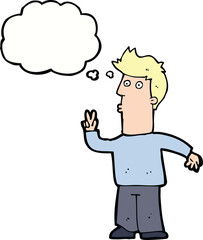 cartoon man signalling with hand with thought bubble