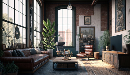 Industrial style home living room interior design AI Generated image