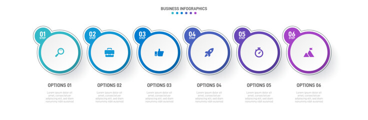 Timeline infographic with infochart. Modern presentation template with 6 spets for business process. Website template on white background for concept modern design. Horizontal layout.