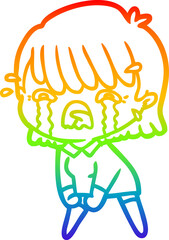 rainbow gradient line drawing of a cartoon girl crying