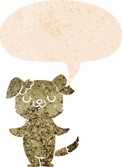 cartoon puppy with speech bubble in grunge distressed retro textured style
