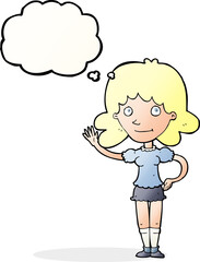 cartoon woman waving with thought bubble