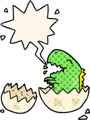cartoon dinosaur hatching from egg with speech bubble in comic book style