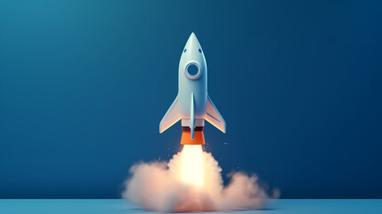 Naklejka na ściany i meble Startup and promotion concept with launched rocket on blue background. 3D Rendering