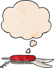 cartoon pocket knife with thought bubble in grunge texture style