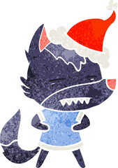 hand drawn retro cartoon of a wolf showing teeth wearing santa hat