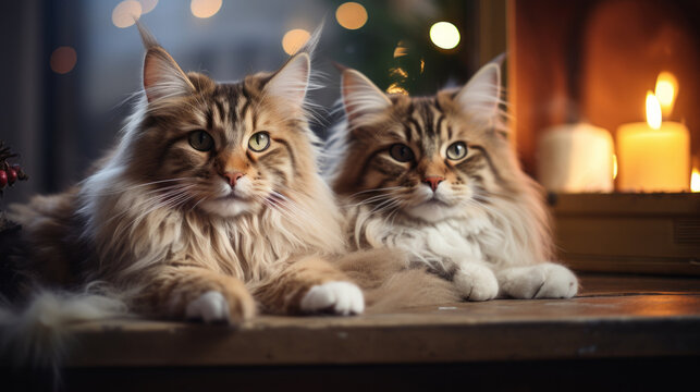 Two big fluffy cats (Maine Coon) look at the camera, on a blurry background of a cozy house with burning candles. Fluffy pets and home