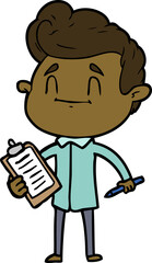 happy cartoon man with pen and clipboard