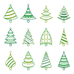 Collection of Christmas trees outline green color winter holiday vector illustration