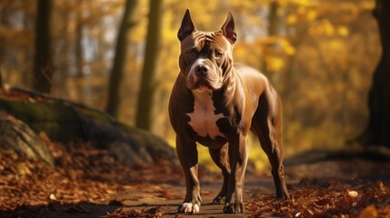 American Pit Bull enjoying a walk in a forest during the autumn season, surrounded by the warm and vibrant colors of fall foliage.
