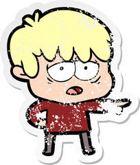 distressed sticker of a cartoon exhausted boy