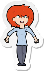 sticker of a cartoon woman shrugging shoulders