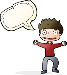 cartoon grinning boy with speech bubble