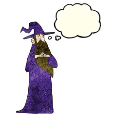 cartoon old wizard with thought bubble