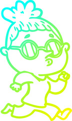 cold gradient line drawing of a cartoon woman wearing glasses