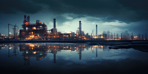 Refinery at night, emitting smoke, symbolizing industrial pollution and the environmental impact of petrochemical and chemical processes.