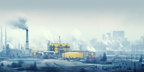 Winter cityscape with industrial smoke, depicting environmental pollution and its impact on the atmosphere and ecology.