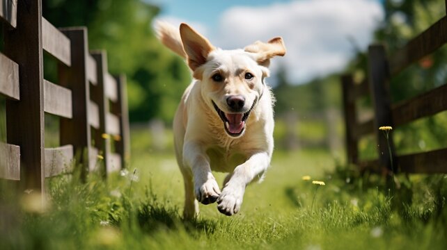 Labrador retriever dog running outside home gate picture AI Generated art