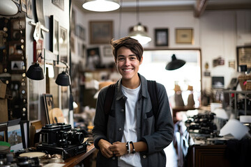 A smiling Caucasian woman, a successful entrepreneur, stands proudly in her cheerful flea market.