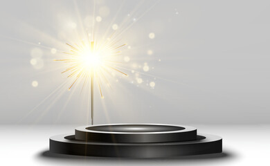 Modern spotlights shine on a podium. A spotlight shines on a place. A round podium, pedestal or platform.

