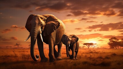An incredible picture of african elephants at sunset.