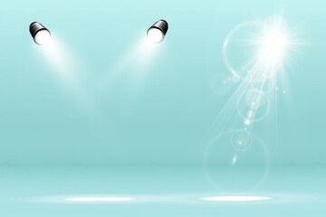 
The studio room is illuminated by spotlights. Lanterns illuminate the empty space.
