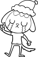 cute hand drawn line drawing of a dog crying wearing santa hat