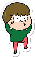 sticker of a cartoon curious boy rubbing eyes in disbelief
