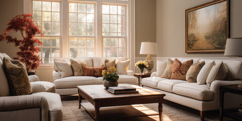 Cozy home interior with white sofas.