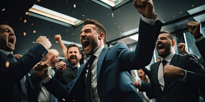 A positive and happy corporate team celebrating success indoors, showcasing teamwork and professional camaraderie. - Powered by Adobe