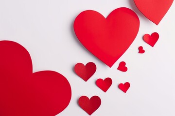 arrangement of paper red hearts  on white background with copy space