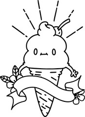 scroll banner with black line work tattoo style ice cream character