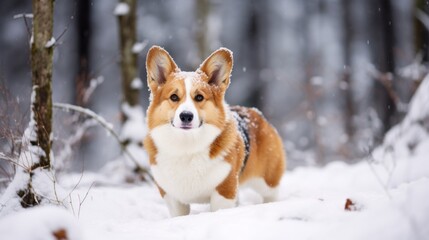 Welsh Corgi Cardigan taking a stroll in a snowy forest, creating a picturesque winter scene. - obrazy, fototapety, plakaty