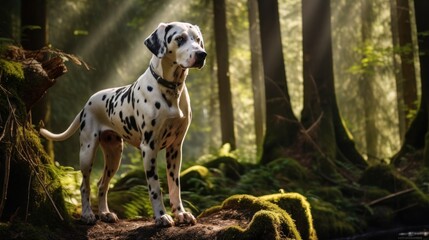Dalmatian joyfully exploring the forest, its tail wagging in excitement as it takes in the sights and scents of the natural surroundings.