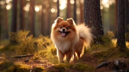 Pomeranian joyfully exploring the forest, its tail wagging in excitement as it takes in the sights and scents of the natural surroundings.