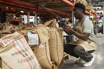 Side view portrait of Black young man using tablet in warehouse of coffee roastery and taking inventory review, copy space