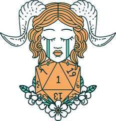 Retro Tattoo Style crying tiefling with natural one D20 dice roll