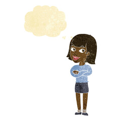 cartoon happy woman looking over with thought bubble