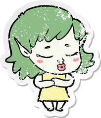 distressed sticker of a shy cartoon elf girl