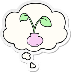 cartoon house plant with thought bubble as a printed sticker