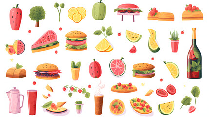 set of different picnic food and drinks snacks fruits.