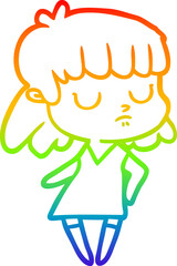 rainbow gradient line drawing of a cartoon indifferent woman