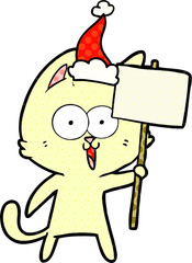 funny hand drawn comic book style illustration of a cat with sign wearing santa hat