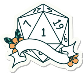 sticker of a natural one d20 dice roll