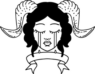 Black and White Tattoo linework Style crying tiefling character face with scroll banner