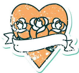 iconic distressed sticker tattoo style image of a heart and banner with flowers