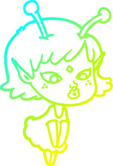 cold gradient line drawing of a pretty cartoon alien girl