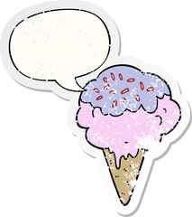 cartoon ice cream with speech bubble distressed distressed old sticker