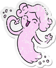 hand drawn distressed sticker cartoon doodle of a happy pink ghost