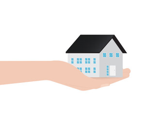 Hand Holding House. House Real Estate Property. House Loan, Mortgage or Renting House Concept. Vector Illustration. 